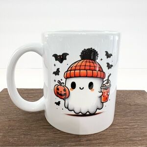 Cute Autumn Ghost Coffee Mug – Beanie, Pumpkin & Bats – 11oz Ceramic